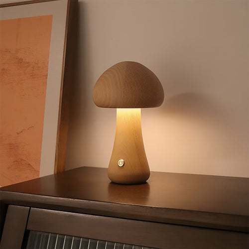 MushroomGlow | Charming Natural Wood Battery Operated Table Lamp 0