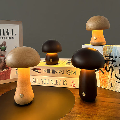 MushroomGlow | Charming Natural Wood Battery Operated Table Lamp 1