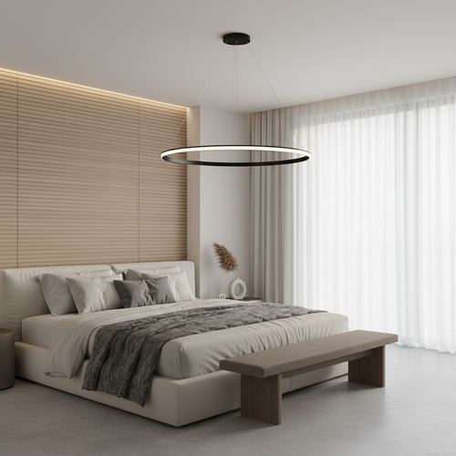 Black Aluminium LED Ring Chandelier — Dimmable White Contemporary Interior