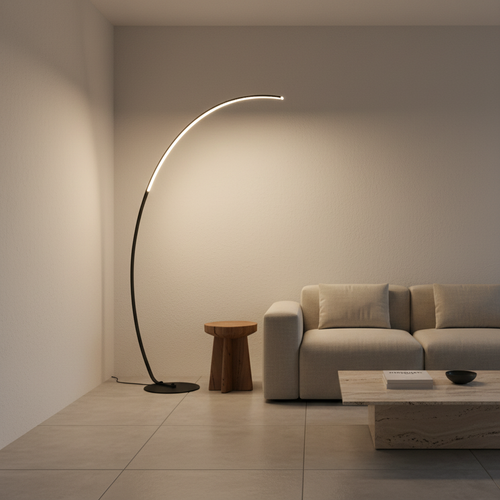 Black Aluminium Arc Floor Lamp — Remote Control Dimmable White LED