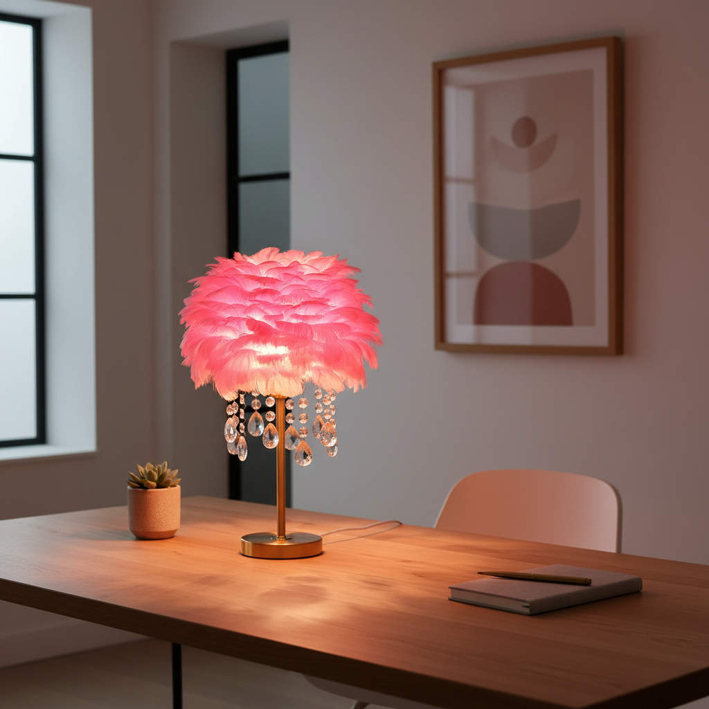 FeatherGlow | Elegant Soft Feather Table Lamp with Crystal Accents