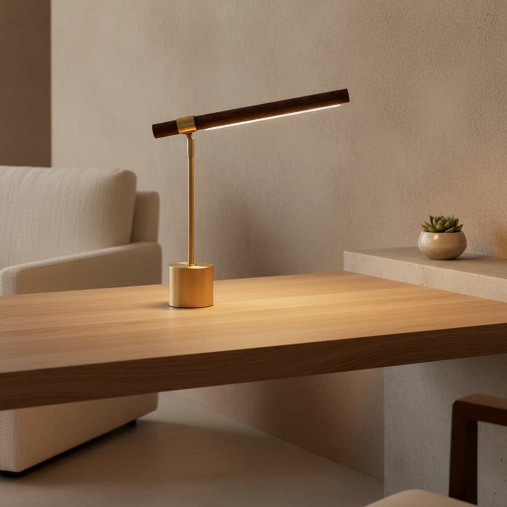 Luminara | Modern Elegant Wood Brass LED Desk Lamp for Home Office