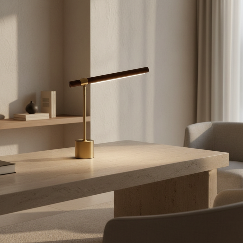 Luminara | Modern Elegant Wood Brass LED Desk Lamp for Home Office