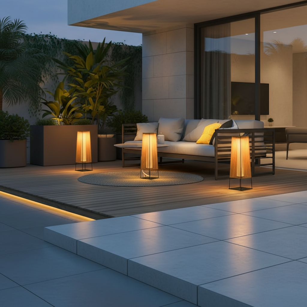 WovenAura | Rustic Stylish Solar Outdoor Floor Lamp with Dual Power Options