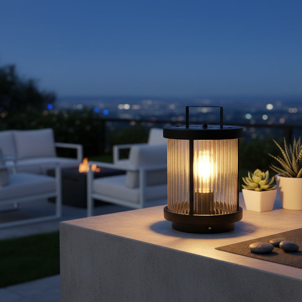 Luminara | Elegant Striped Glass Outdoor Solar Lantern with Candlelight Effect