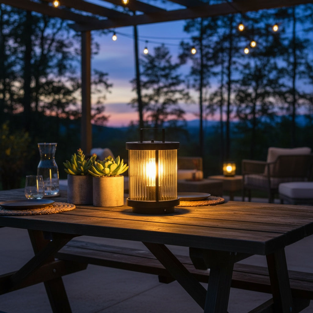Luminara | Elegant Striped Glass Outdoor Solar Lantern with Candlelight Effect